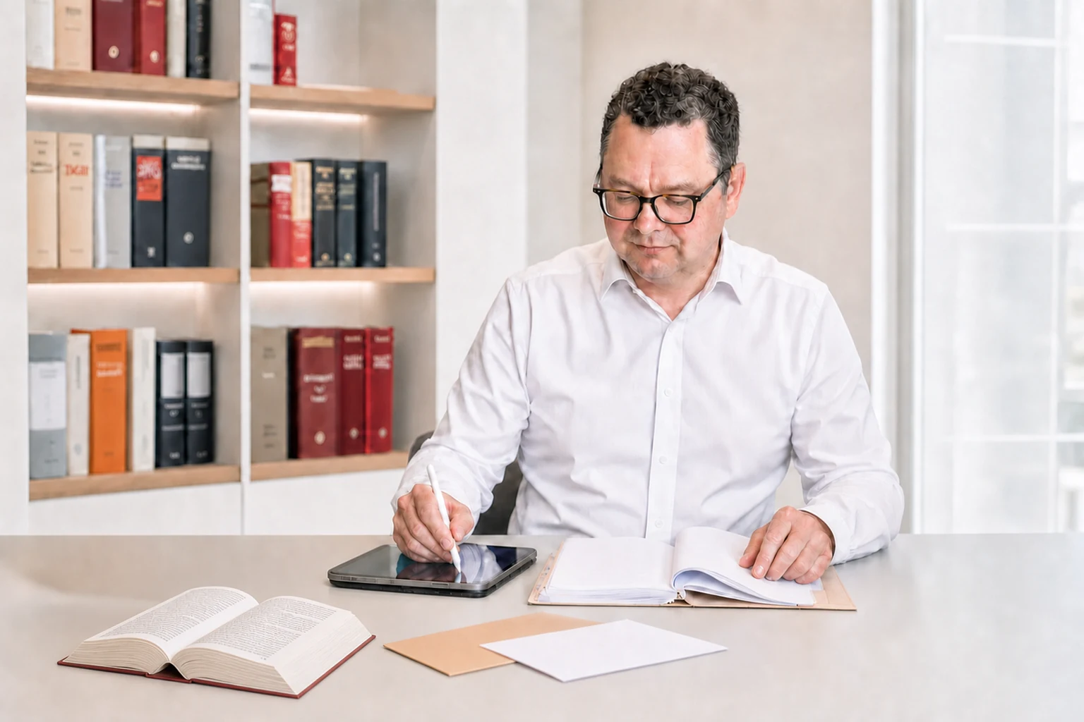 Dr. Oliver Niedostadek bei der konzentrierten juristischen Arbeit mit Akte, Tablet und aufgeschlagener Gesetzessammlung