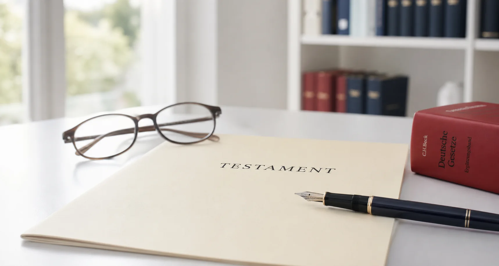 Testament mit Füllfederhalter und Gesetzesband auf einem hellen Kanzleischreibtisch