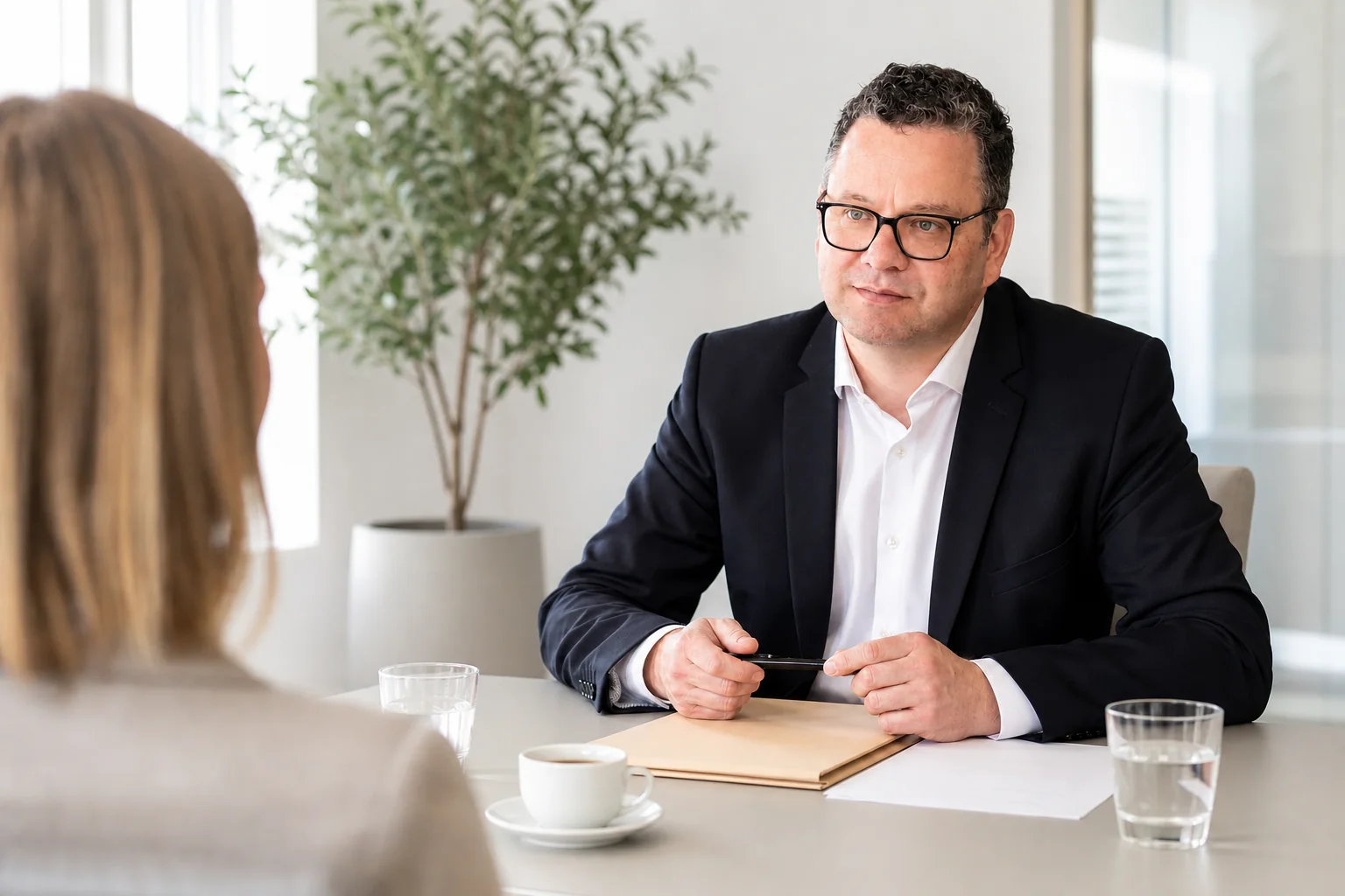Rechtsanwalt Dr. Oliver Niedostadek im persönlichen Gespräch mit einer Mandantin