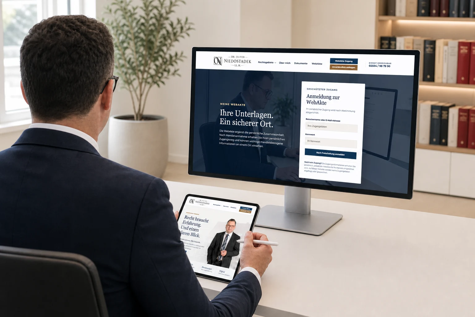 WebAkte-Zugang und Kanzlei-Homepage auf Monitor und Tablet im hellen Kanzleiraum